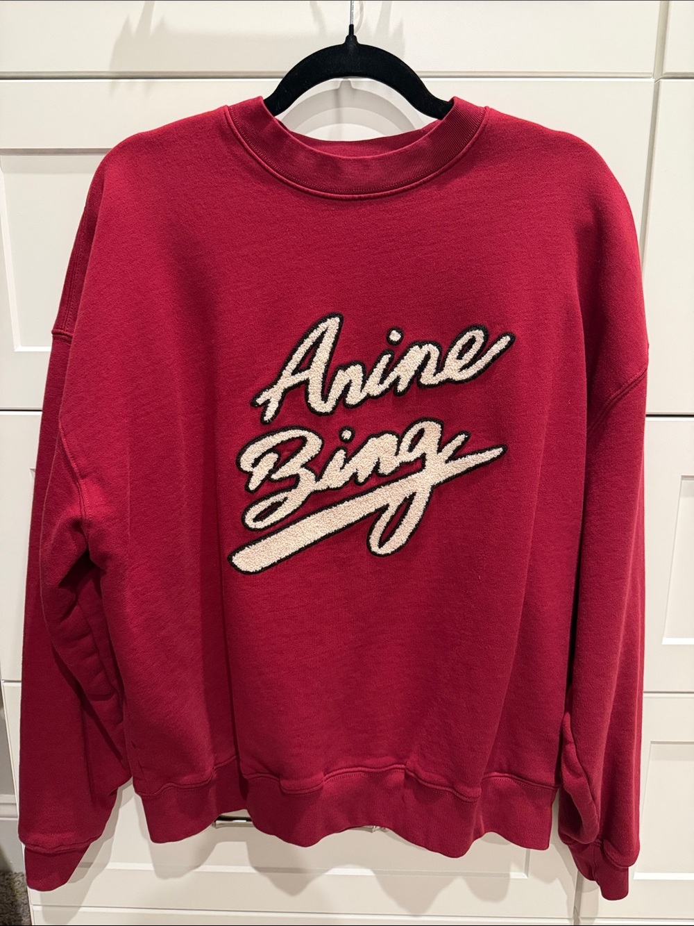 Anine Bing Ruby Red Crewneck with Cream Script Logo